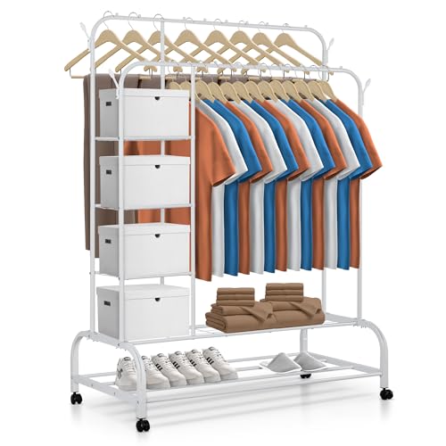 JUPPLIES Burro Ropa Resistente &ndash; Perchero Burro Doble con Soporte (Blanco, Con Ruedas y Estantes)
