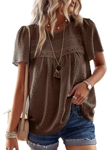 TUUHAW Blusa con Cuello Redondo Boho Verano Camiseta Mujer Suelto Casual Elegante T&uacute;nica Encaje Manga...