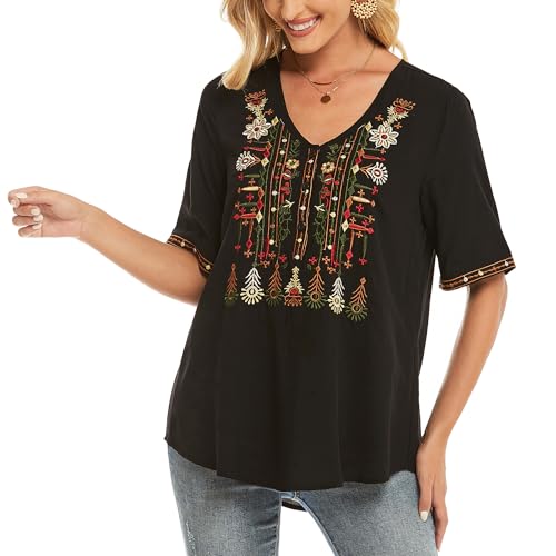 drakloak Blusa bohemia con bordado hippie, ropa para mujer, bohemio, folclore bordado, blusa de manga...