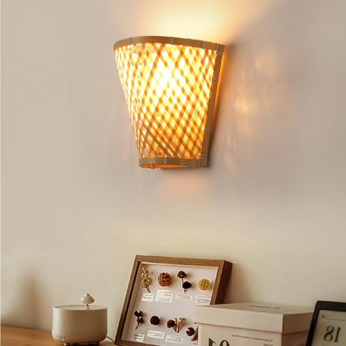 Schindora Boho Aplique Pared Interior, Bamb&uacute; R&uacute;Stico Apliques Pared Dormitorio En Forma De Cesta...