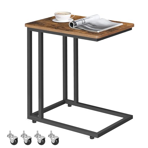 VASAGLE Mesa Auxiliar de Estilo Industrial, Mesa Lateral con Ruedas y Pies Ajustables, para Dormitorio,...