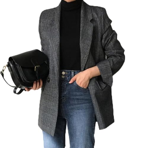 SARGE Primavera Invierno Estilo Coreano Suelto Retro Mujeres Blazers Plaid Doble Botonadura Bolsillos...
