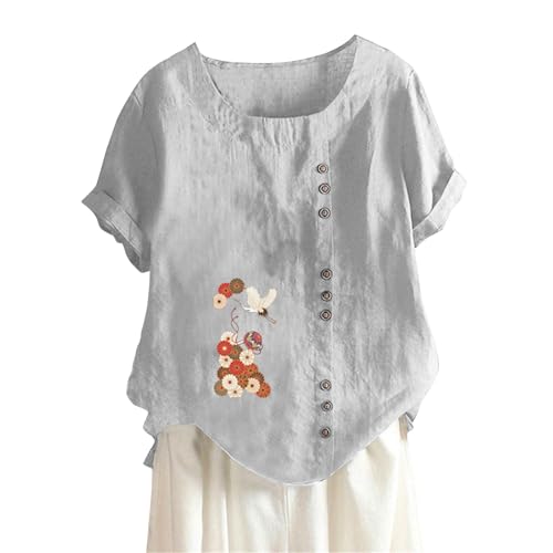 Camisas Mujer para Oficina, Blusa de Lino Puro con Bordado Colorido, Fiesta Boho Tops T-Shirt Color...