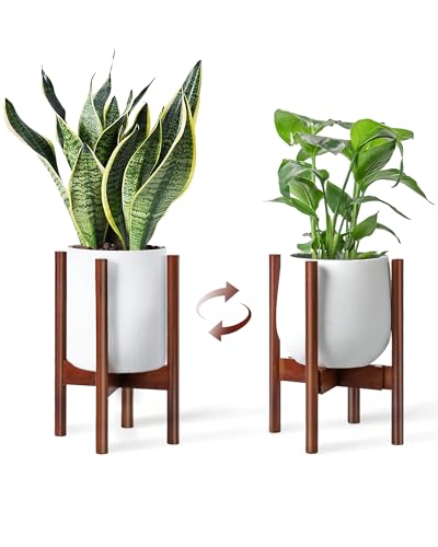 Bamworld Maceteros Con Pie De Madera De Mediados De Siglo - Soporte Macetas Interior Y Soporte Para...