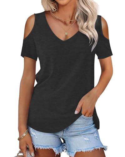 WNEEDU Camisetas Manga Corta Mujer Verano Blusas Cuello V Top Elegante Basicas T-Shirt Negro M