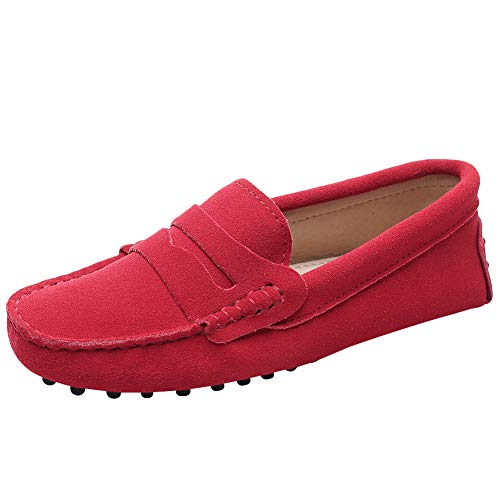 Jamron Mujer Cl&aacute;sico Gamuza Penny Mocasines Comodidad Hecho a Mano Pantuflas Rojo 24208 EU37