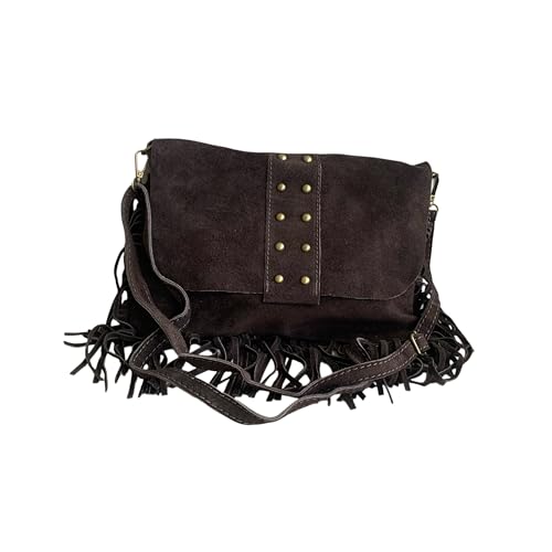 Bolso bandolera con flecos y tachuelas de ante italiano. Correa ajustable e intercambiable. Cierre de...