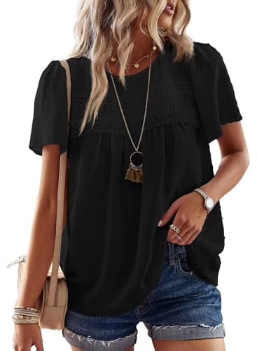 TUUHAW Blusa con Cuello Redondo Boho Verano Camiseta Mujer Suelto Casual Elegante T&uacute;nica Encaje Manga...
