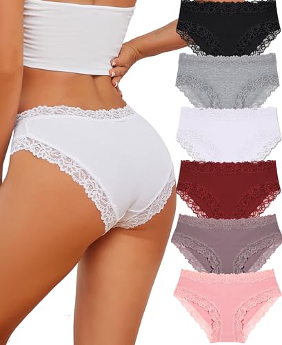 ALL OF SHE Bragas Mujer Algodón Ropa Interior Encaje Brazilian Hipster Lace Pack de 6 S-2XL,A-6,M