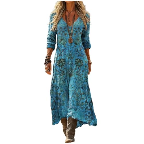 Vestido Largo Mujer Verano Lino Algod&oacute;n Cuello V Manga 3/4 Estilo Boho Hippie Vintage Estampado &Eacute;tnico...