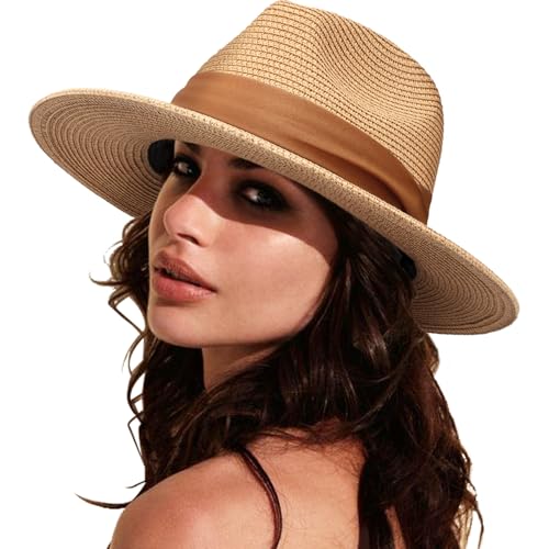 DRESHOW Mujeres Sombrero de Panam&aacute; de Paja Con Ala Ancha Para Verano y Playa, Fedora UPF 50+