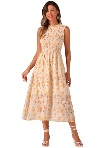 Allegra K Mujer Vestido Floral Boho Maxi Sin Mangas con Volantes Y Cuello Redondo De Gasa Beige XL