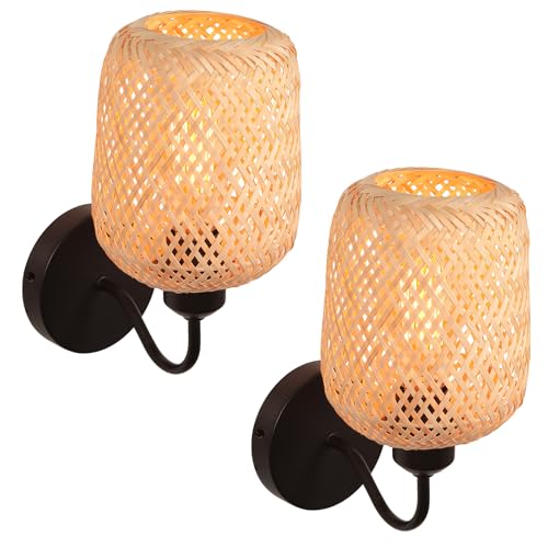 LIGKIN 2 Piezas Aplique de Pared Vintage L&aacute;mpara de Pared Interior Pantalla de Bamb&uacute; Tejida a Mano E27...