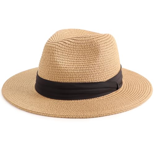 DRESHOW Mujeres Sombrero de Panam&aacute; de Paja de Verano Sombrero de Playa Fedora de ala Ancha UPF 50+