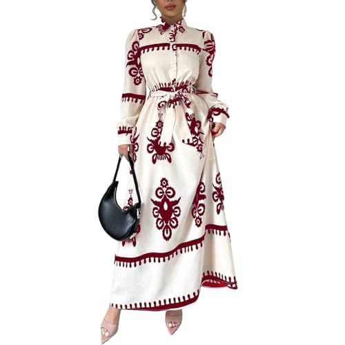 Elegantes Vestidos De Manga Larga con Solapa para Mujer, Vestido Maxi T&uacute;nica Boho Floral De Manga Larga...