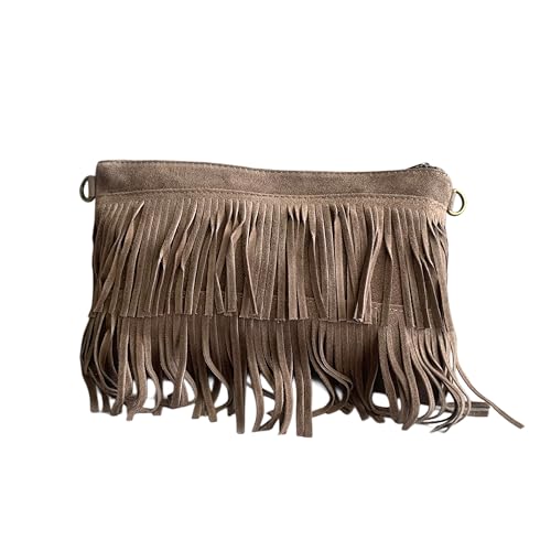 Bolso bandolera flecos de serraje italiano con correa ajustable e intercambiable. Cierre de cremallera....