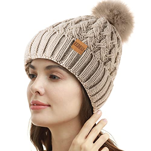REDESS - Gorro de Invierno con pompón para Mujer, Gorros cálidos con Forro Polar, Gorro Cruzado de...