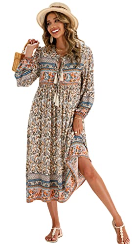 R.Vivimos Elegante Casual Mujer Bohemio Vestido Largo Estampado Corbata Manga Larga Vestido de Midi de...