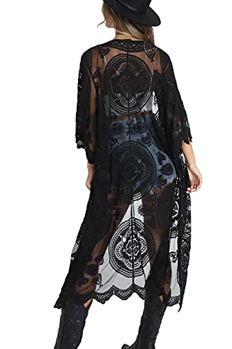 YOUKD - Vestido de encaje con flores para mujer, kaft&aacute;n amplio estilo boho, kimono espacioso, bikini de...