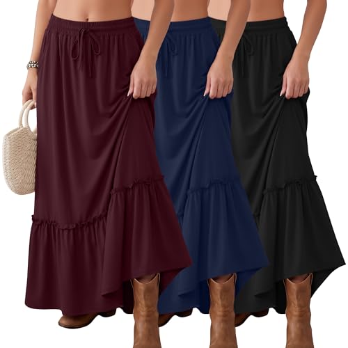 Ficerd Pack de 3 Faldas Maxi Boho para Mujer, Falda Larga de Capas con Volantes, Cintura Alta con...