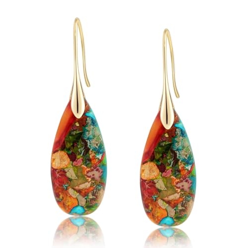 AOSWUD Pendientes Coloridos con Piedra Curativa Natural, Gotas de Agua Colgantes forma de Aro de Pez,...