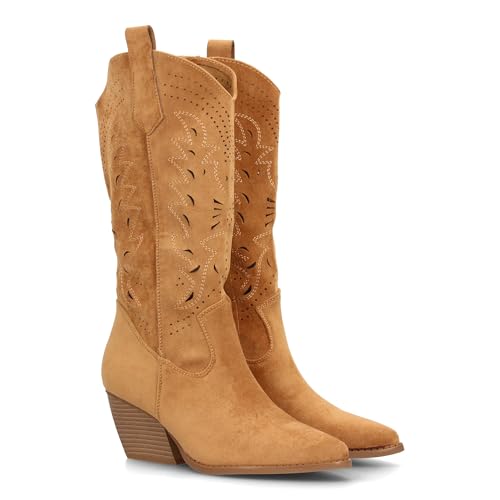 100385 Bota Alta de Mujer Estilo Cowboy con Diseno Troquelado Decorativo, Punta Fina y Tacon campero...