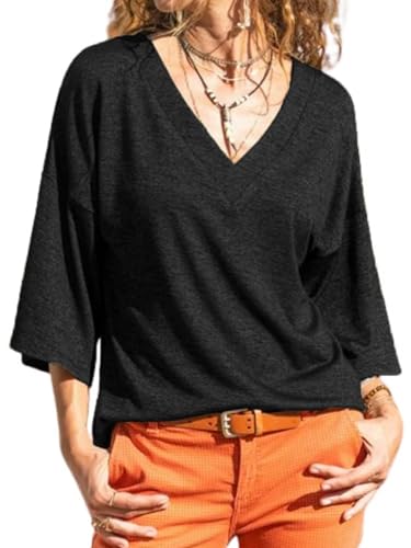 Fisoew Camiseta de manga 3/4 para mujer, con cuello en V, holgada, b&aacute;sica, de verano, camiseta, blusa.,...
