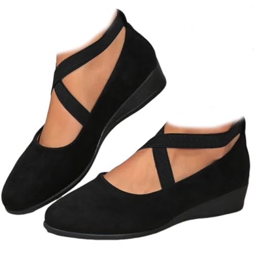 Whimsyard Elegantes bailarinas de tacón bajo de cuña y correa elástica, bailarinas ortopédicas...