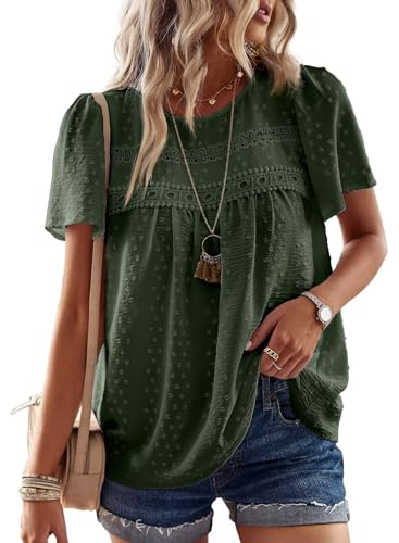 TUUHAW Top Mujer Verano Elegante Manga Corta Boho Blusa Encaje T&uacute;nica con Cuello Redondo Camisa Suelto...