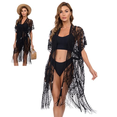 ZCJ Vestido de Playa para Mujer con Encaje y Flecos, Kimono de Playa con Cintura El&aacute;stica y...