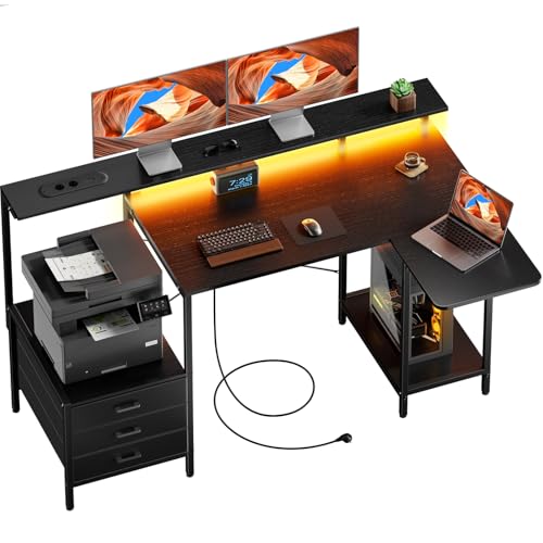 SOLAVERO Escritorio Esquinero con Bandeja Plegable, 140 x 50 cm Escritorio Gaming en L con Enchufes &...