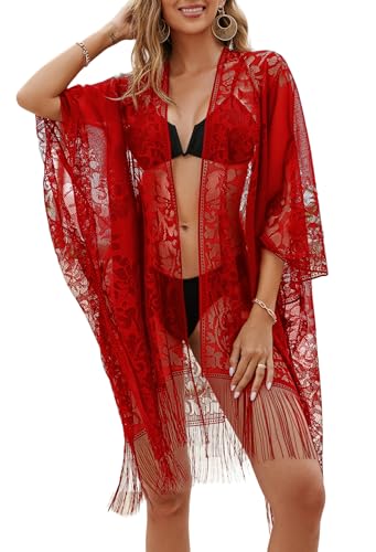 colornival Kimono de Playa para Mujer, Estilo Elegante con Encaje y Flecos, Transl&uacute;cido Vacaciones en la...