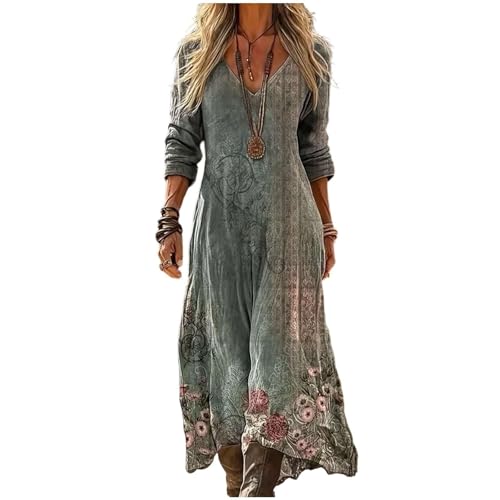 Vestido Lino Mujer Boho Chic Cuello en V Manga Larga Estampado Floral Bohemio Casual Elegante Hippie...
