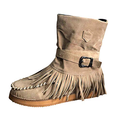 Botas de vaquera vintage para mujer, estilo mocas&iacute;n, con borla con flecos, tac&oacute;n grueso, botas de...