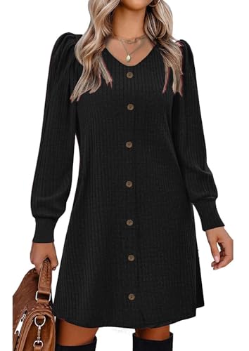 Vossmi Vestidos Punto Casual para Mujer Midi Vestidos de Manga Larga Elegante Dress Cuello en V...