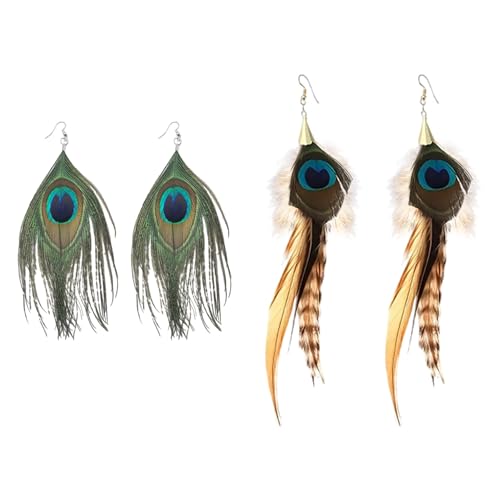 OAOSDH 2 Pares De Pendientes De Plumas De Pavo Real, Aretes Boho, Pendientes De Personalidad Retro,...