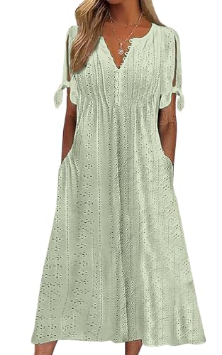 CheChury Vestido Casual Mujer Verano Verde S&oacute;lido Manga Corta Cuello en V Boho Vestido Verano Bohemio...