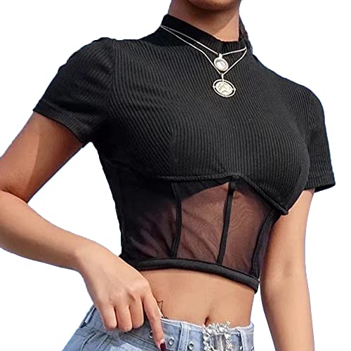 HSAJS Blusa Mujer Camiseta Manga Corta Cuello Alto Transparente Crop Top Elegante Moda Boho Primavera...