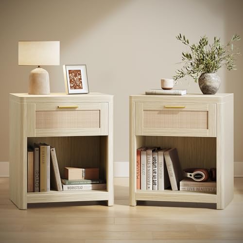 VASAGLE ELLAN Colecci&oacute;n - Mesitas Boho con Caj&oacute;n Efecto Rat&aacute;n, Juego de 2, Mesas Auxiliares con...