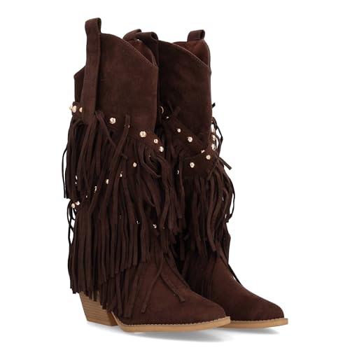 97790 Bota de Estilo Western con Cana Alta Decorada con Flecos en Cascada y Tachuelas metalicas, Punta...