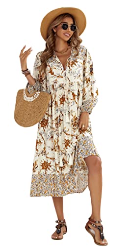 R.Vivimos Elegante Casual Mujer Bohemio Vestido Largo Estampado Corbata Manga Larga Vestido de Midi de...