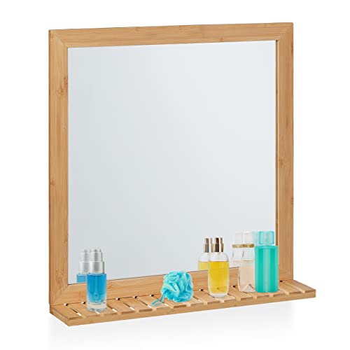 Relaxdays Espejo Pared con Balda, Marco de Bamb&uacute;, 61,5x60x12 cm, Colgante, Ba&ntilde;o, Vestidor y Aseo de...