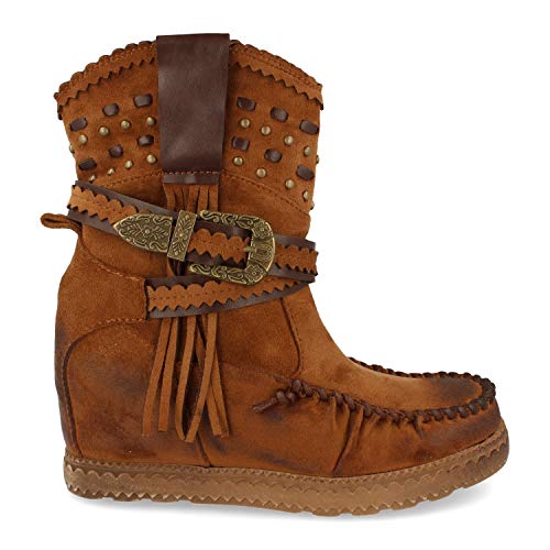 Bota de Estilo Indio, Correas con Hebilla, Flecos en Cana, Cuna Interior, y Cierre de Cremallera, Otono...