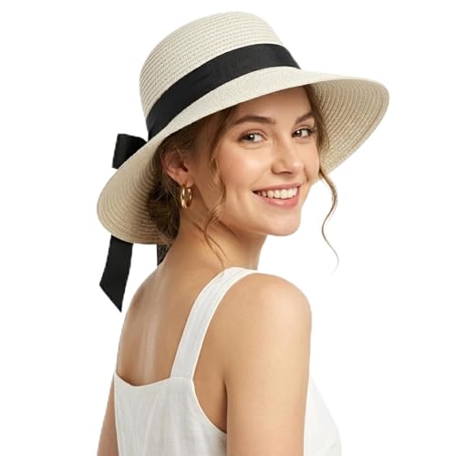 Ynport Crefreak Sombrero de Paja de ala Ancha para Mujer con Lazo Negro, Sombrero de Playa de Verano...