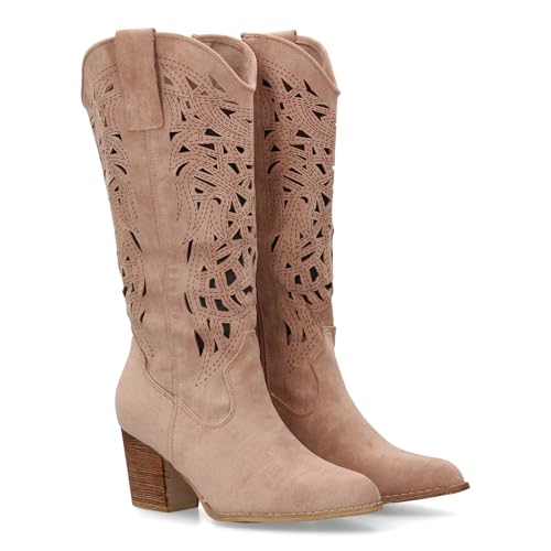 shoes&blues.es 99859 Bota Alta Estilo Cowboy para Mujer con Diseno Calado Decorativo, El Acabado...