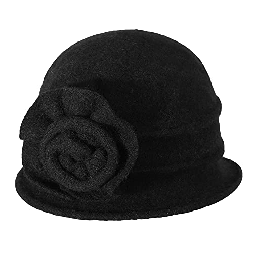 ZLYC 1920 Vintage Sombrero de Campana de Lana Sombreros de Bomb&iacute;n para Mujer(Patr&oacute;n Floral Negro.)