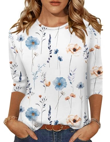 Zeagoo Blusa de Mujer Manga 3/4 Camiseta Casual Cuello Redondo T Shirts Verano Tops Flor M