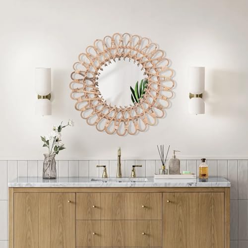 TTISJHK Espejo de rat&aacute;n redondo de 40 cm, hecho a mano con espejo de cristal de 20 cm, espejo de pared...