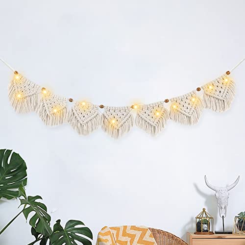 Bohemio Deko - Tapiz De Pared De Macram&eacute;, Elegante, Guirnalda De Flecos con Cadena De Luces Led De 3 m,...