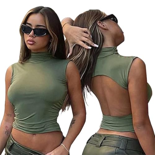 QKEPCY Blusa Mujer Cuello Alto sin Mangas Camiseta Verano Crop Top Elegante Ajustado Espalda Abierta Moda...